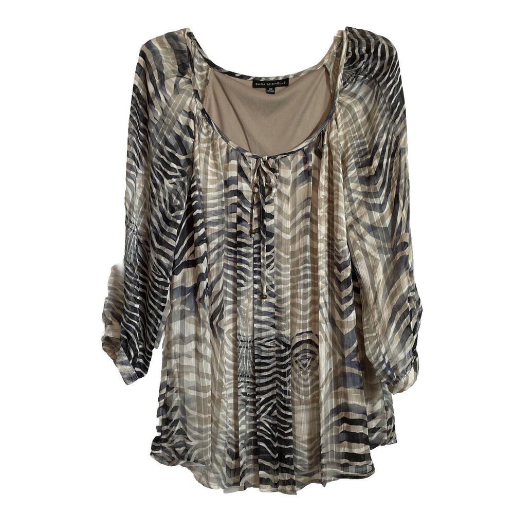 Sara Michelle 2X Peasant Top Animal Print 3/4 Sheer Sleeve Scoop Neck Layered